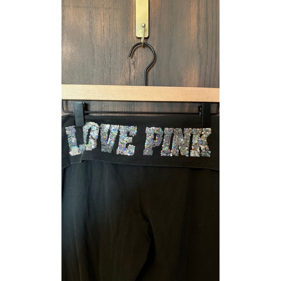 Victorias Secret PINK Yoga Pants Black Sequin Love Pink 86 Foldover Flare Large - Picture 2 of 4